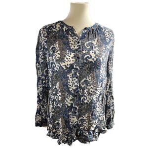 Women's Lucky Brand Paisley Blouse Long Sleeve size  Medium 90s Y2K Grey Blue